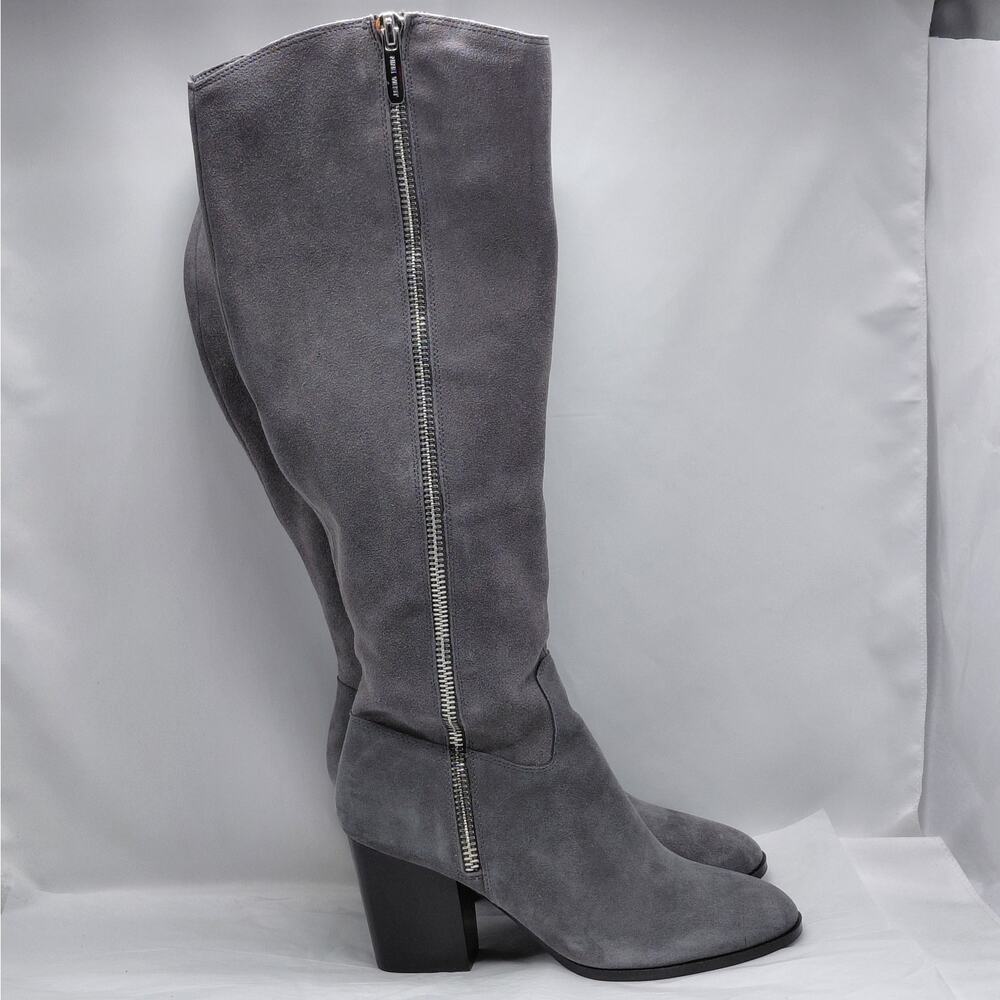Nine West Natty Knee High Boots Women’s 9M Gray Suede Leather Chunky Block Heel